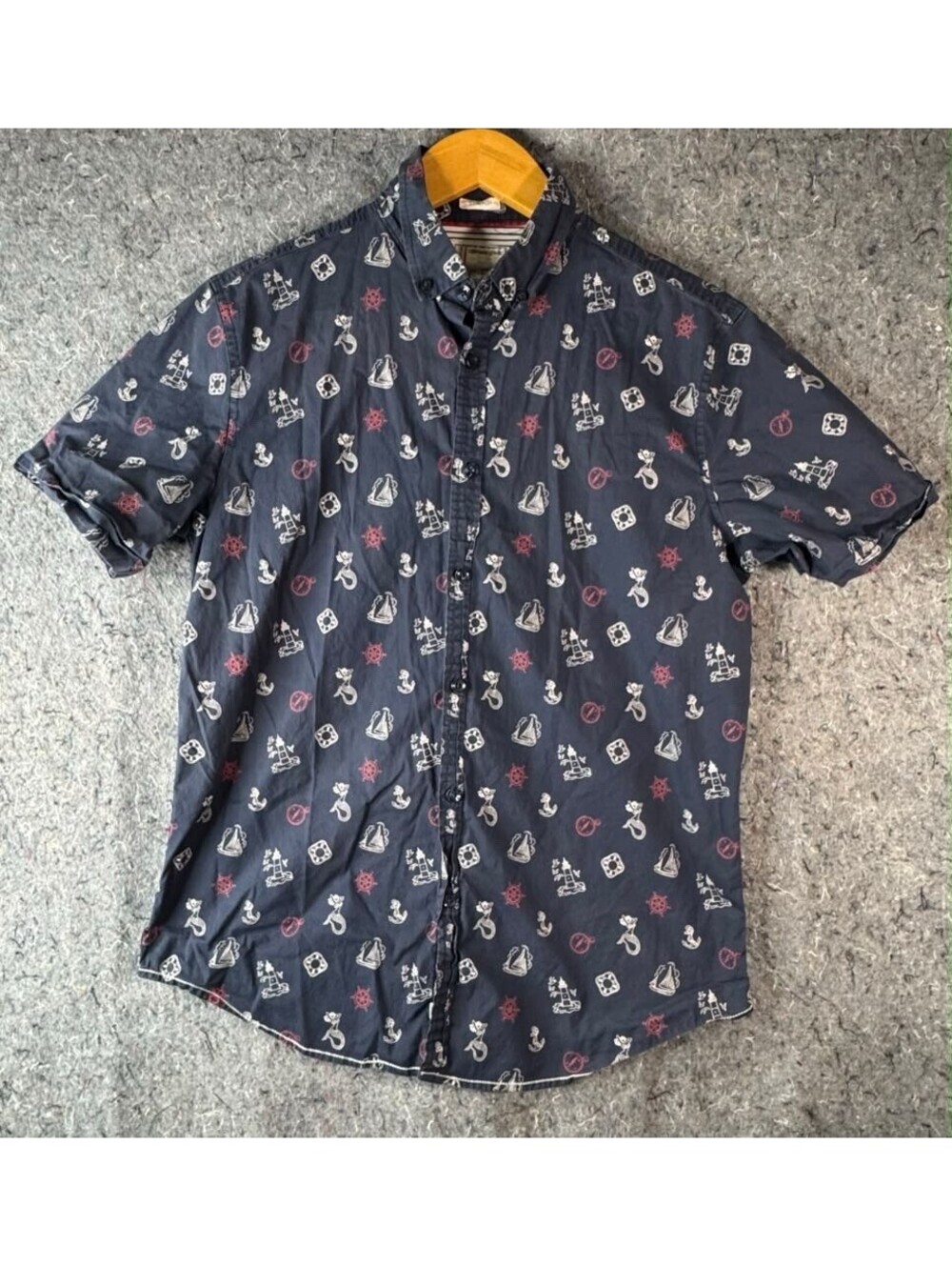 Navy Nautical Mermaid Sailboat Anchor Shirt M 97% Cotton Stretch AN9J78NAV